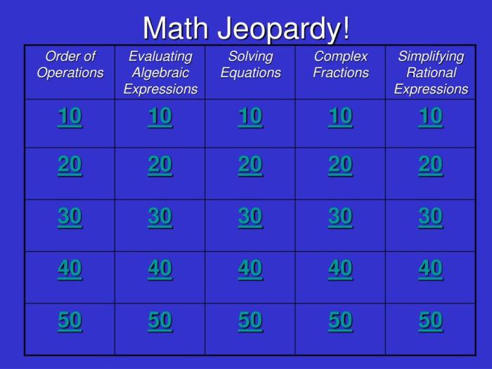 Math jeopardy questions and answers