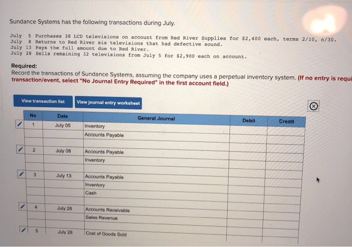 Sundance systems has the following transactions during july